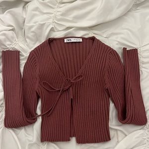 Zara Mauve Deep Ribbed Tied Long Sleeve Top